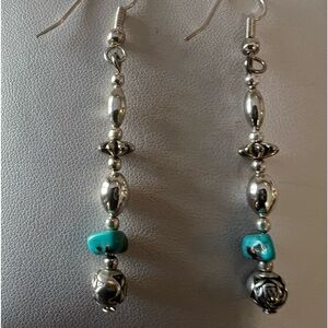 Native American Heishi Earrings silver with a turquoise chip